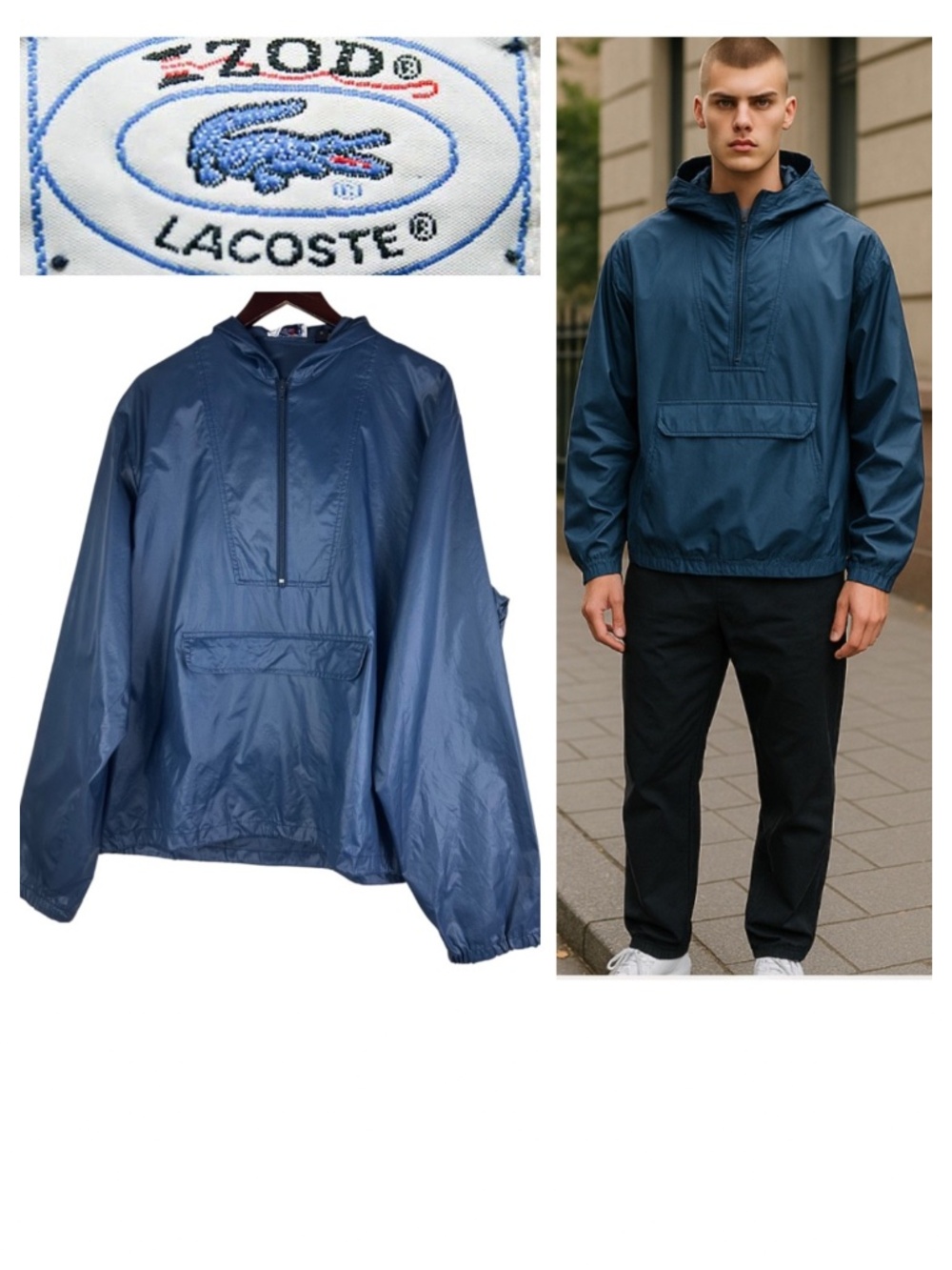 Vtg Izod Lacoste Rain Jacket Windbreaker Mens XL Navy Blue Hooded Anorak